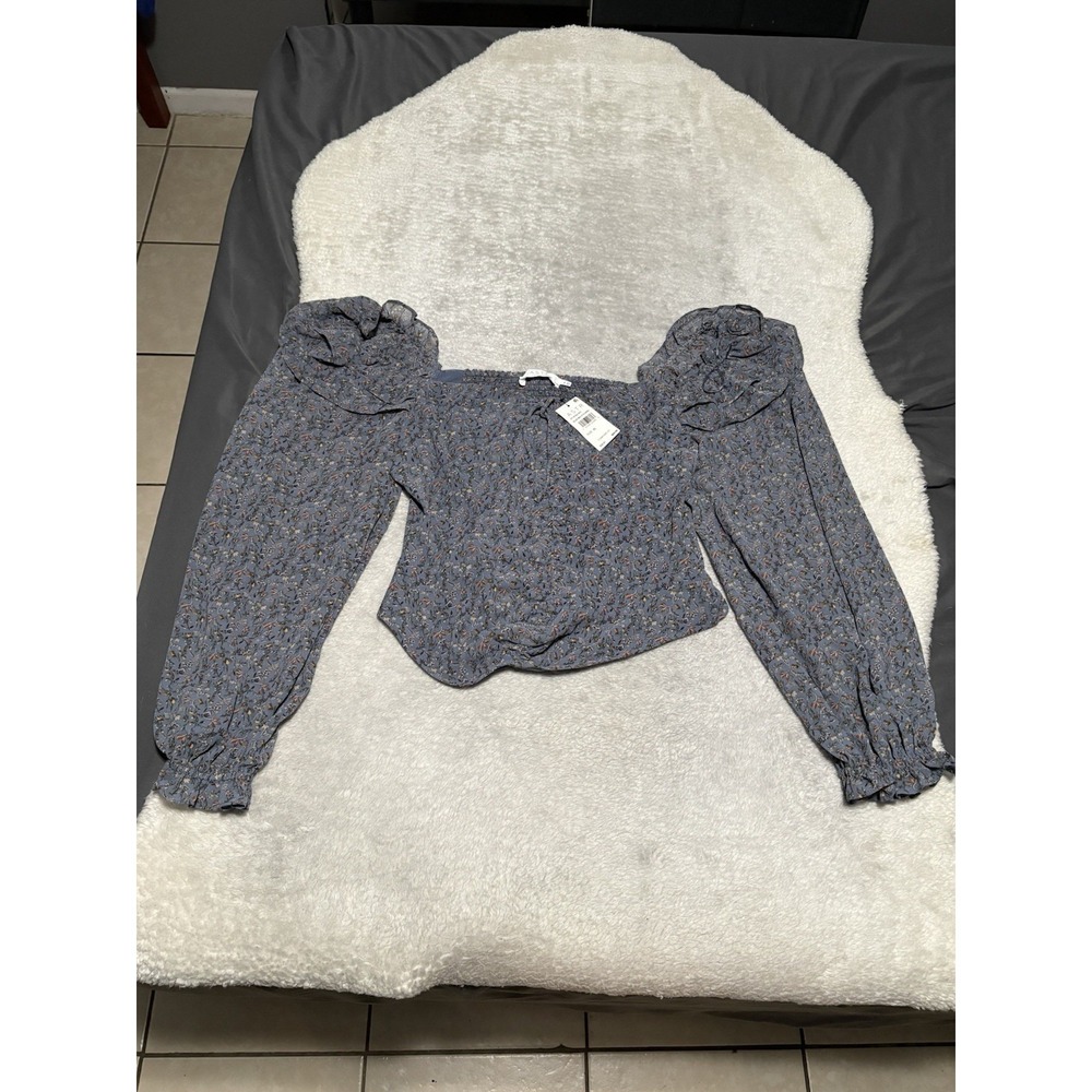 New ASTR Women's Blue Floral Ruched Sleeves Crop Shirt Size XL Top NWT